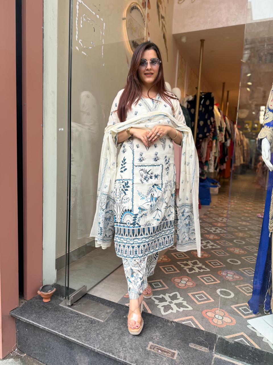 Azure Bloom Printed 3-Piece Suit Set