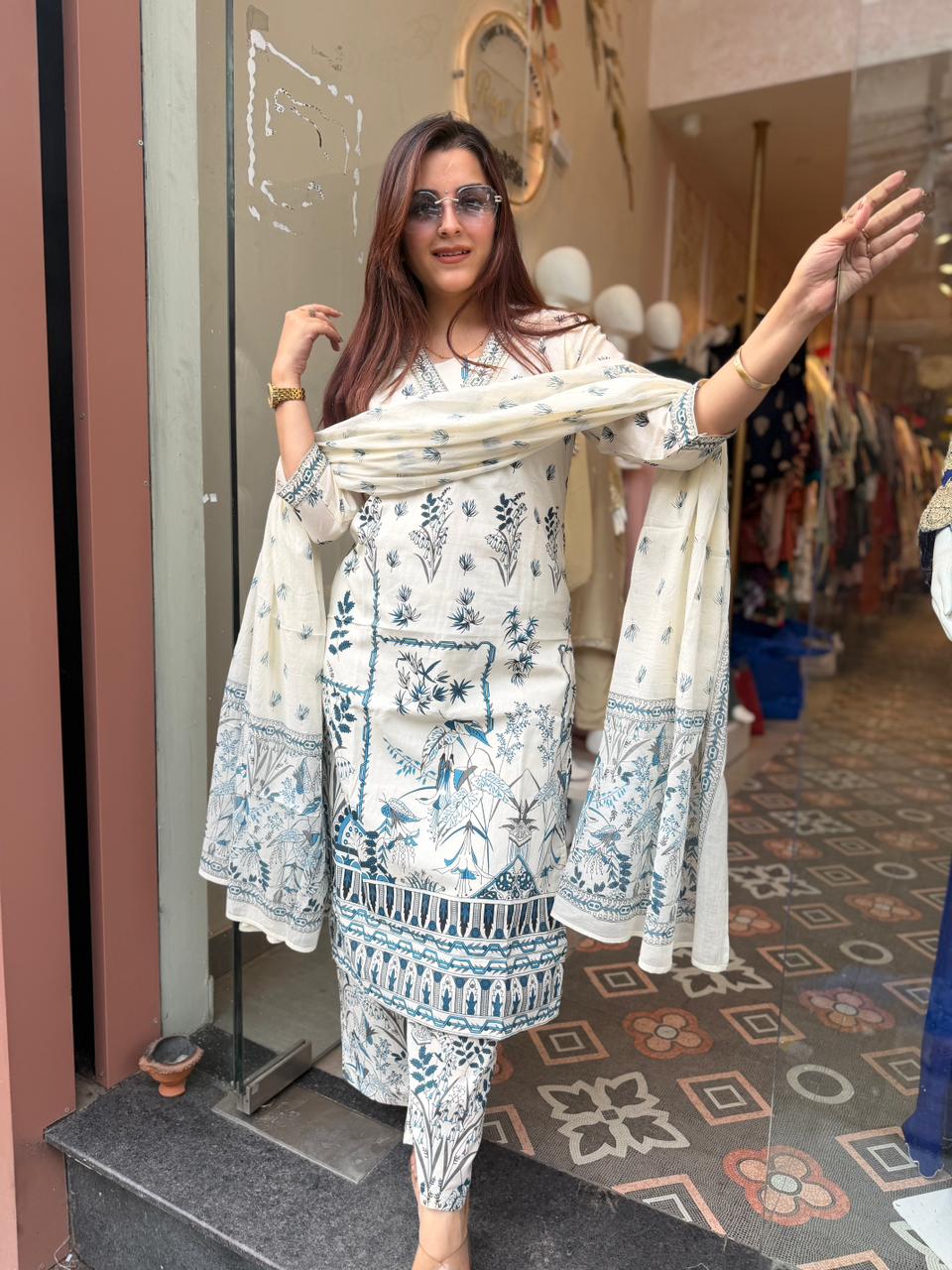 Azure Bloom Printed 3-Piece Suit Set