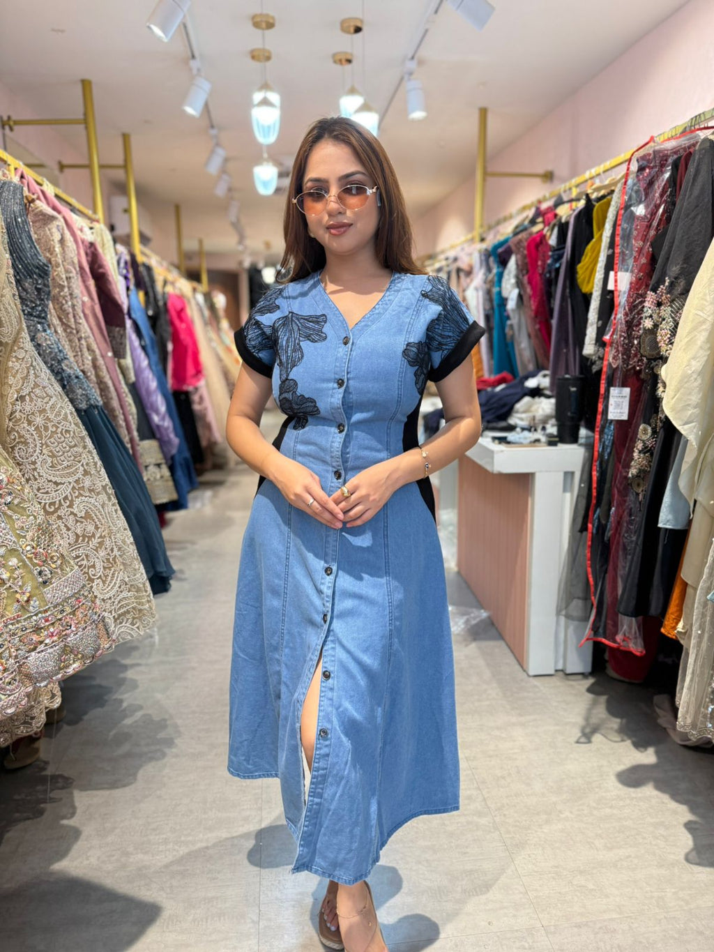 Denim Bloom Button-Down Midi Dress