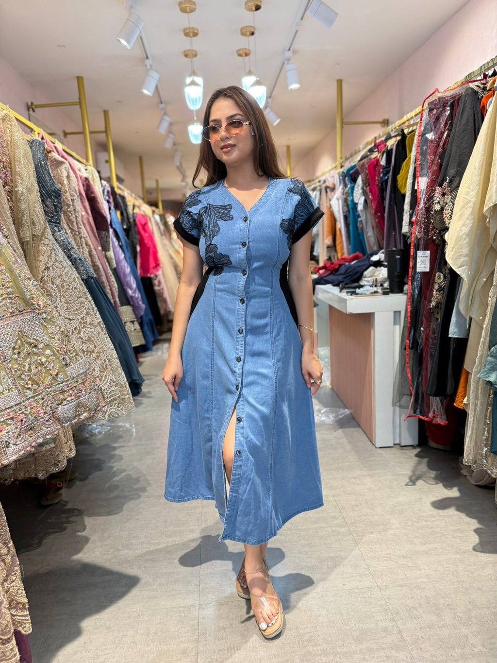 Denim Bloom Button-Down Midi Dress