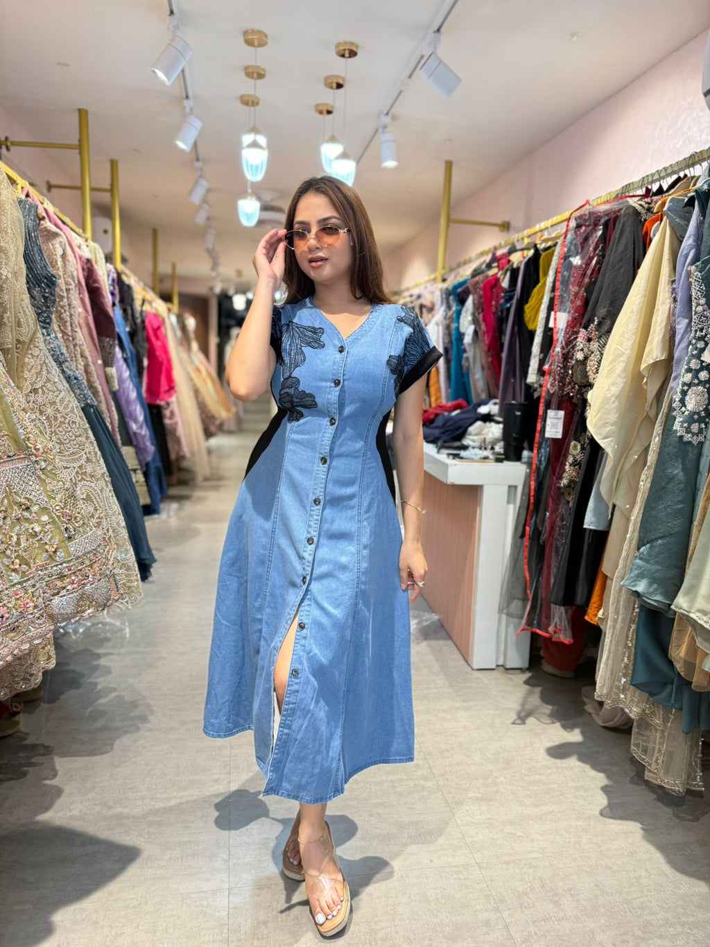 Denim Bloom Button-Down Midi Dress