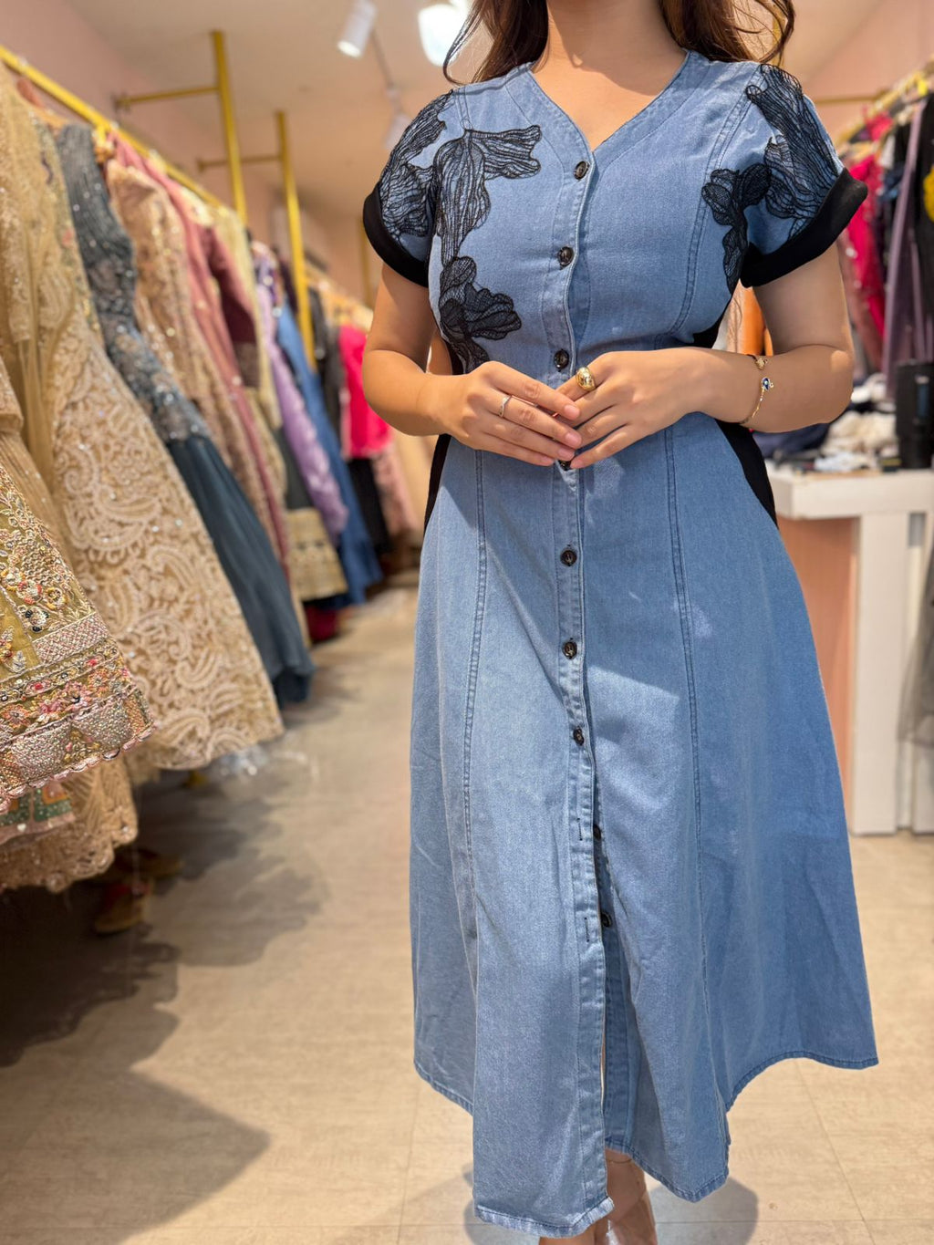 Denim Bloom Button-Down Midi Dress