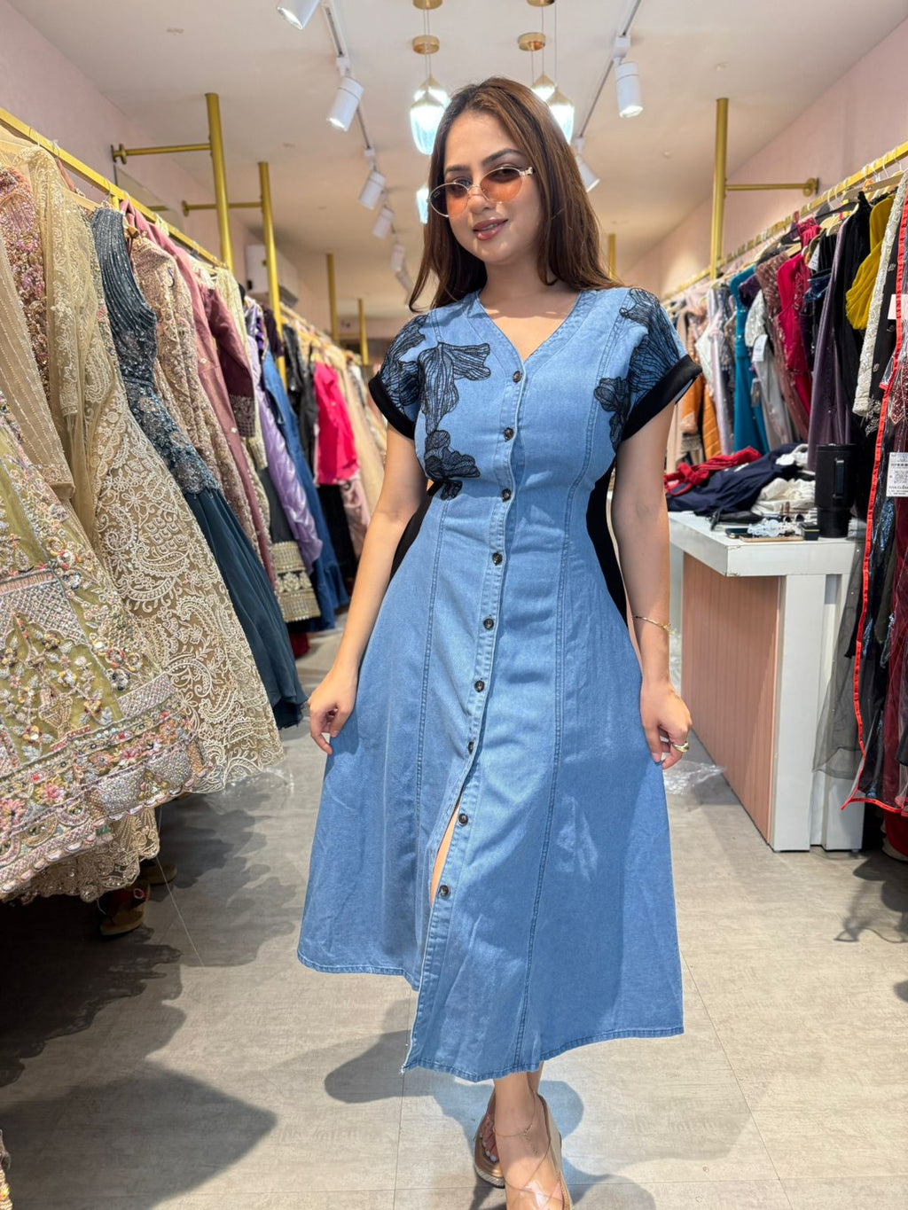 Denim Bloom Button-Down Midi Dress