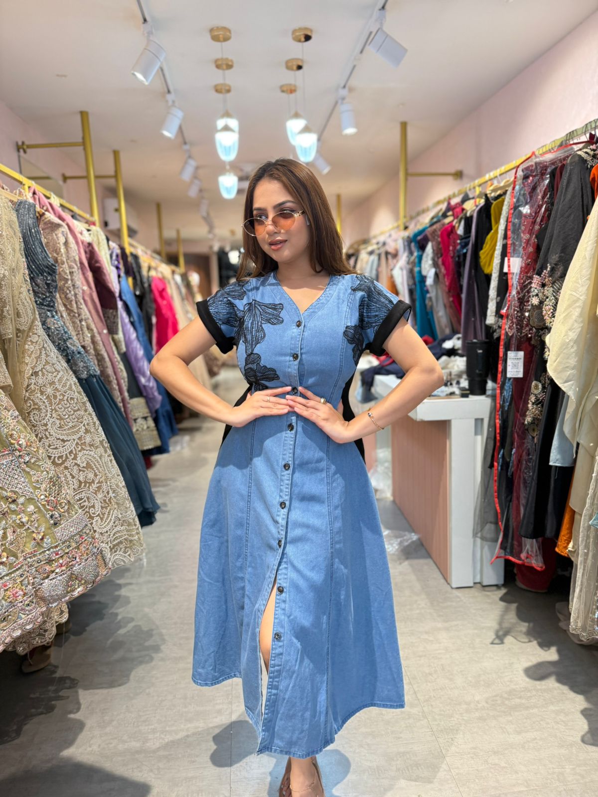 Denim Bloom Button-Down Midi Dress
