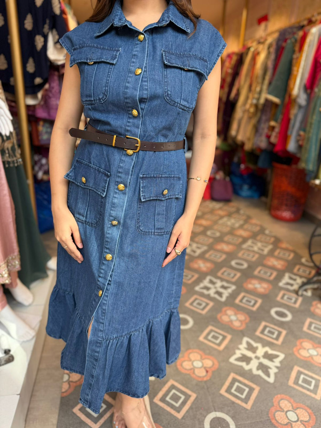 Denim Lace Elegance Midi Dress