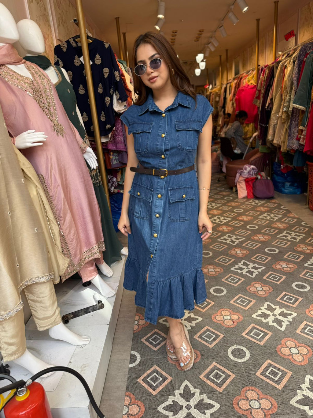 Denim Lace Elegance Midi Dress