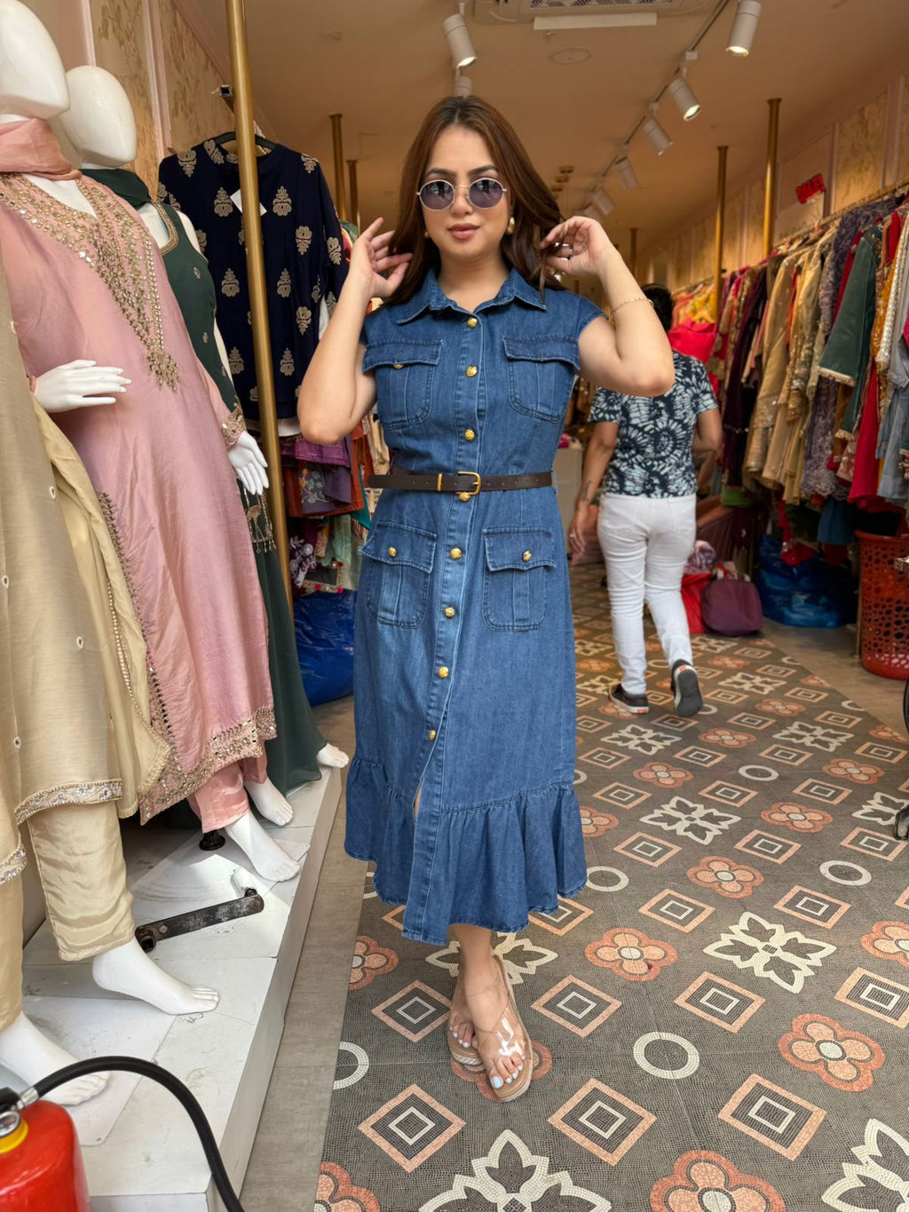 Denim Lace Elegance Midi Dress