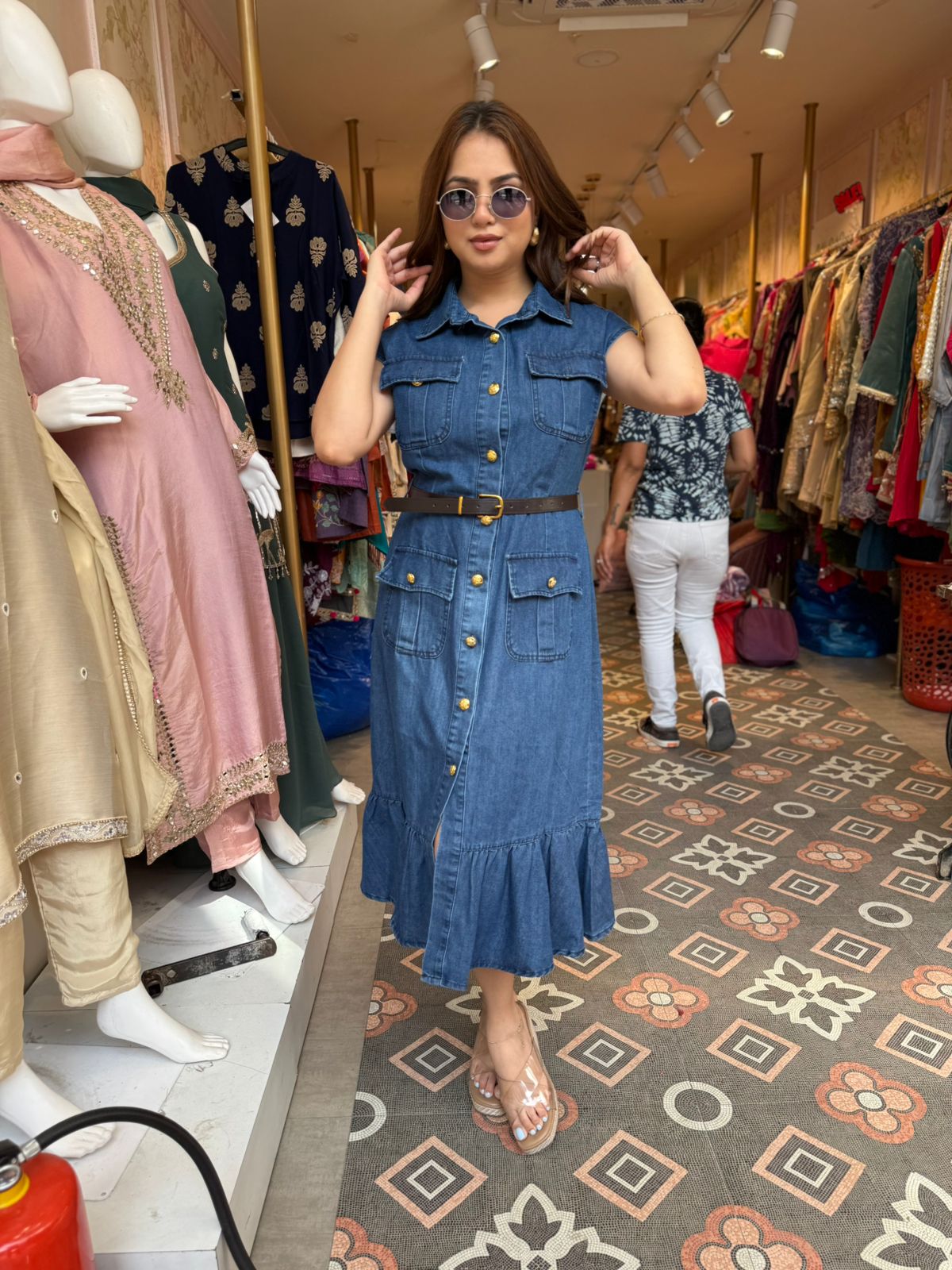 Denim Lace Elegance Midi Dress