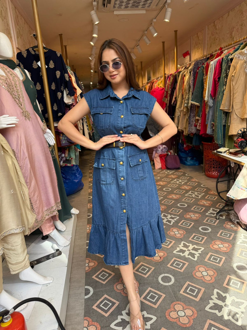 Denim Lace Elegance Midi Dress