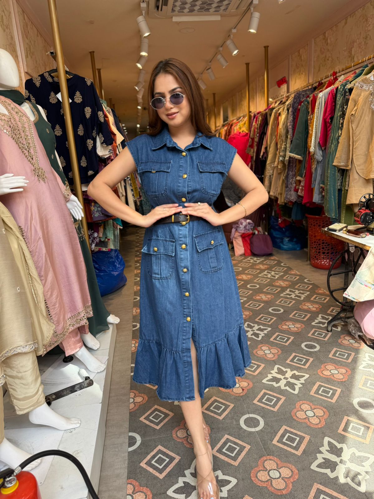 Denim Lace Elegance Midi Dress