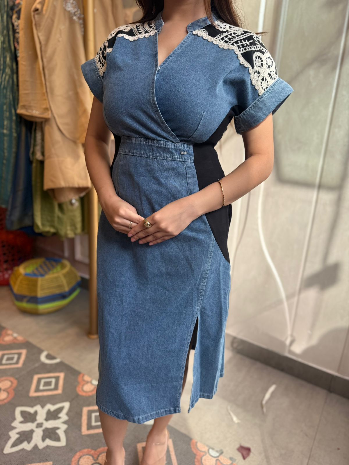 Denim Lace Sculpt Midi Dress