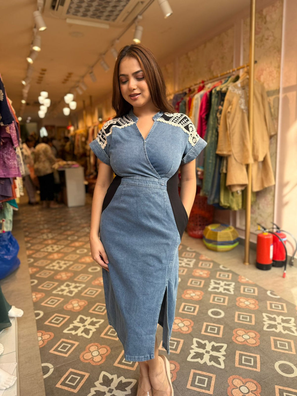 Denim Lace Sculpt Midi Dress
