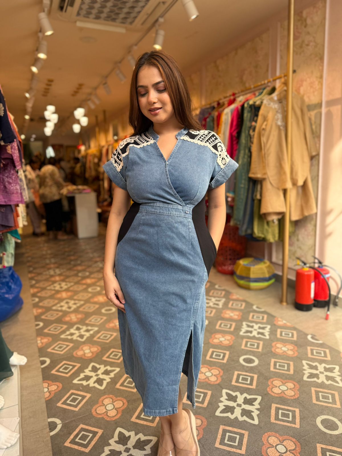 Denim Lace Sculpt Midi Dress