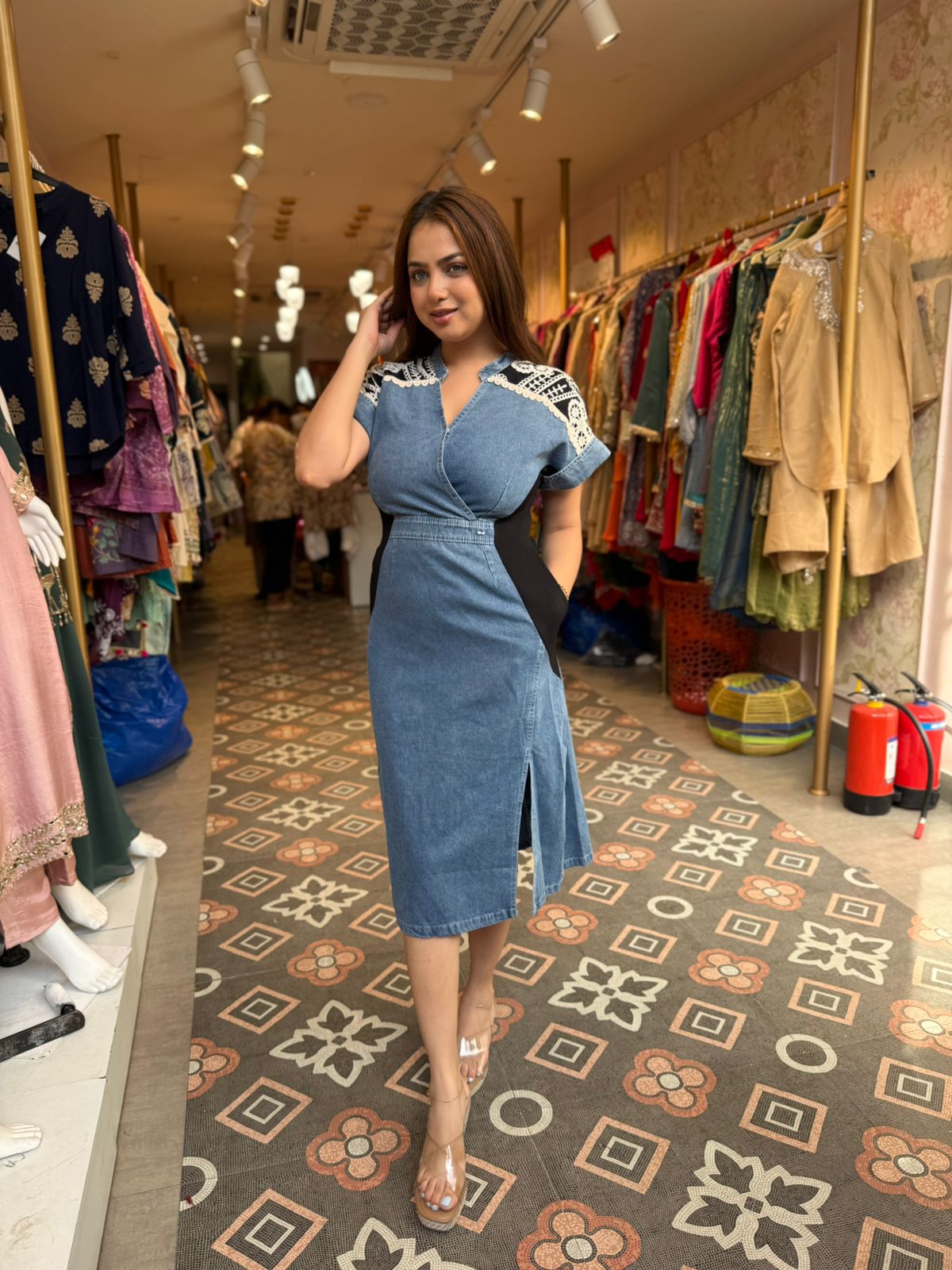 Denim Lace Sculpt Midi Dress