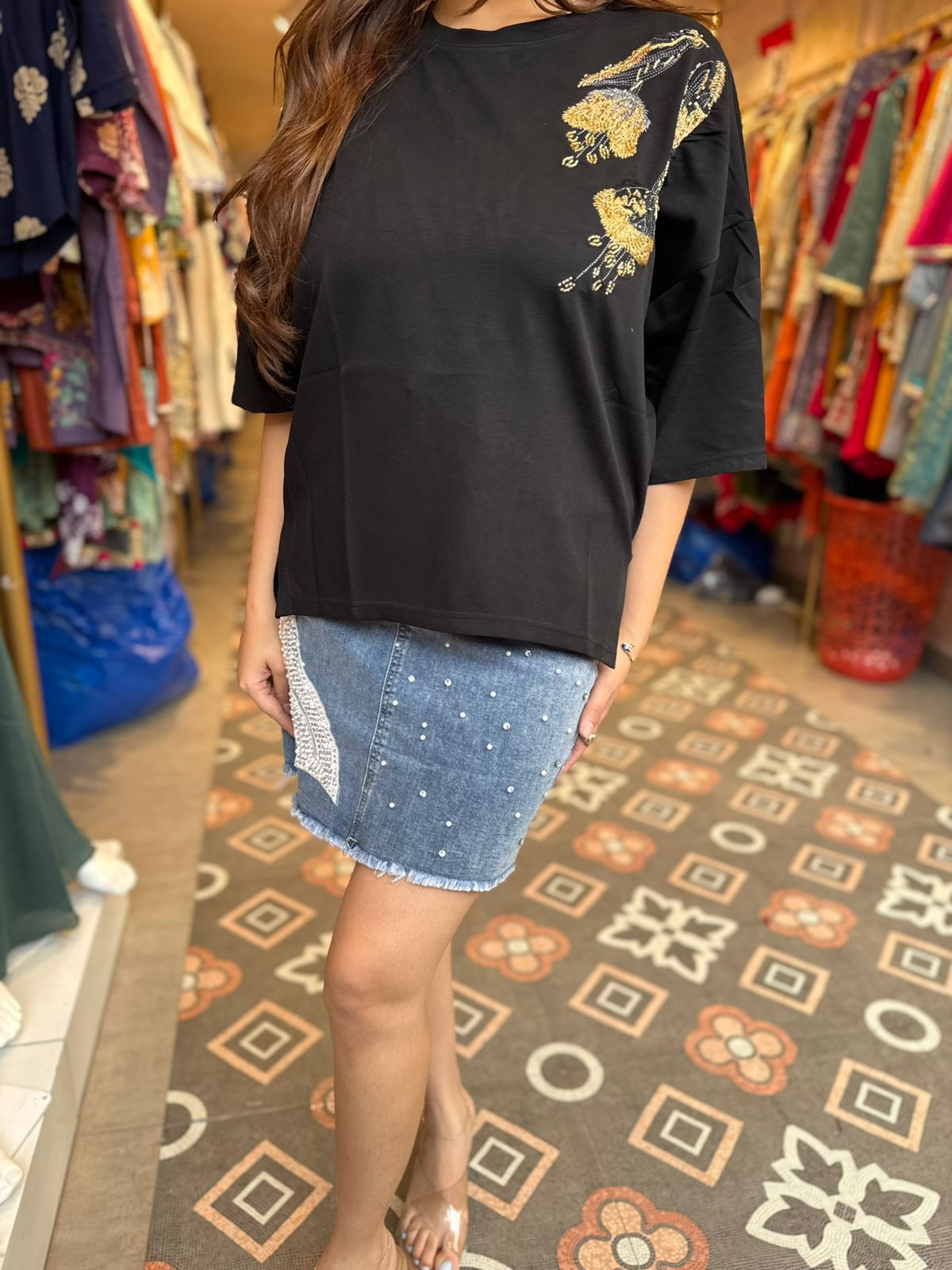 Midnight Bloom Embellished Oversized Top