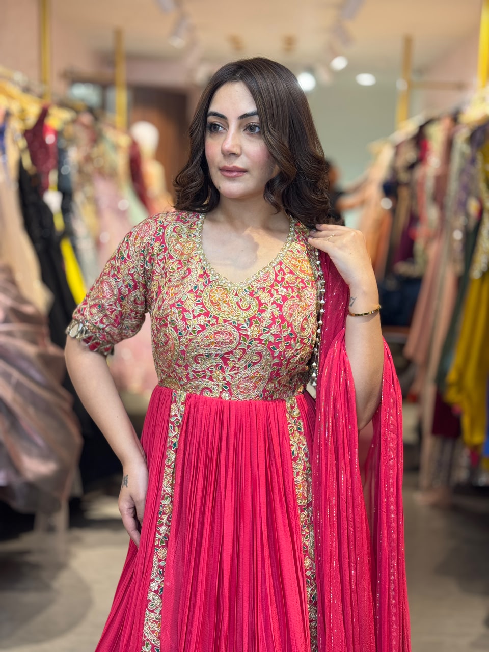 Rani Pink Embroidered Pleated Anarkali Suit Set with Dupatta