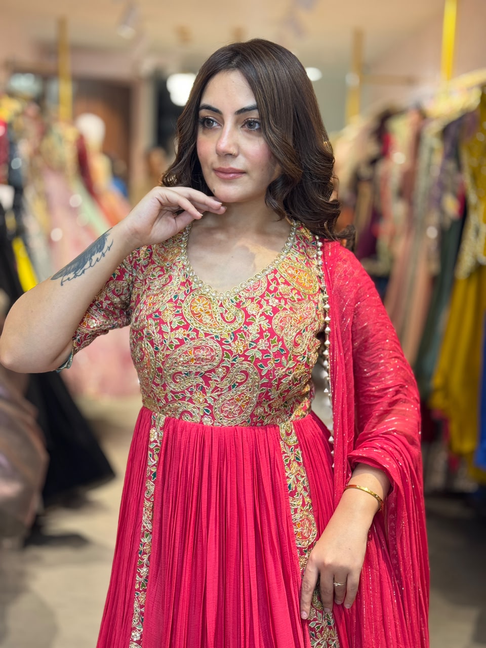 Rani Pink Embroidered Pleated Anarkali Suit Set with Dupatta