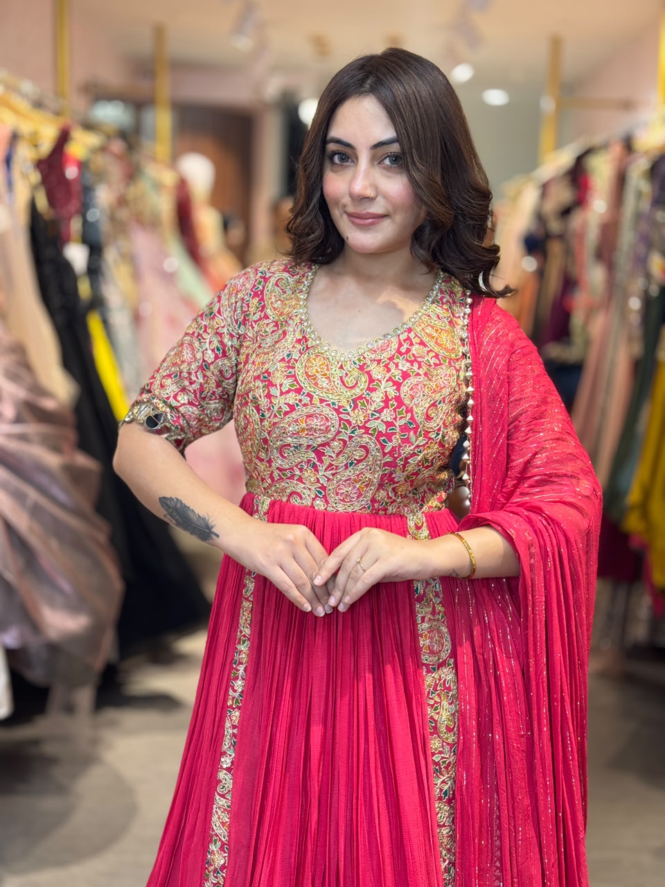 Rani Pink Embroidered Pleated Anarkali Suit Set with Dupatta