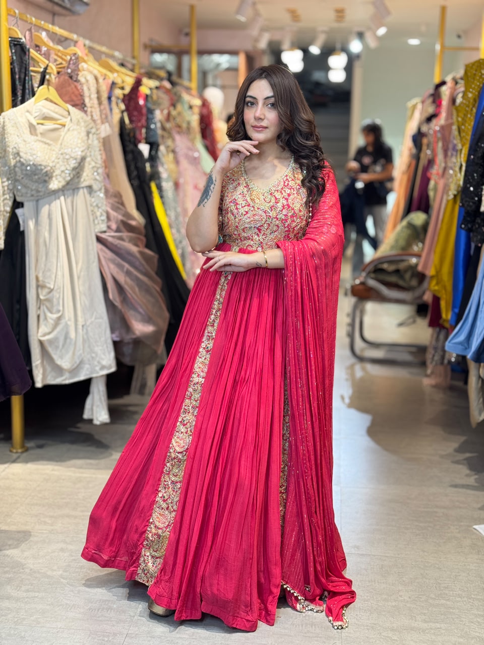 Rani Pink Embroidered Pleated Anarkali Suit Set with Dupatta