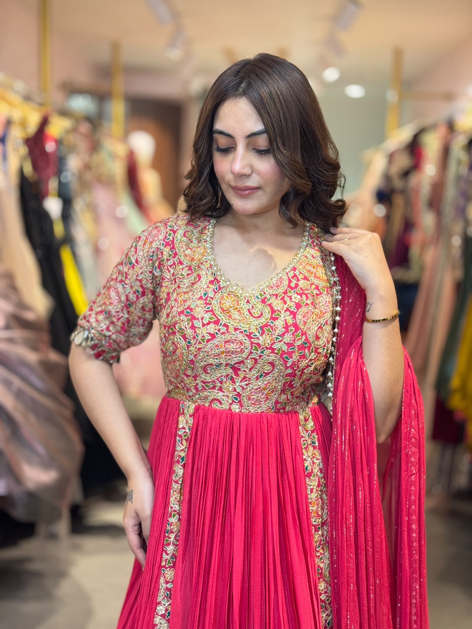 Rani Pink Embroidered Pleated Anarkali Suit Set with Dupatta