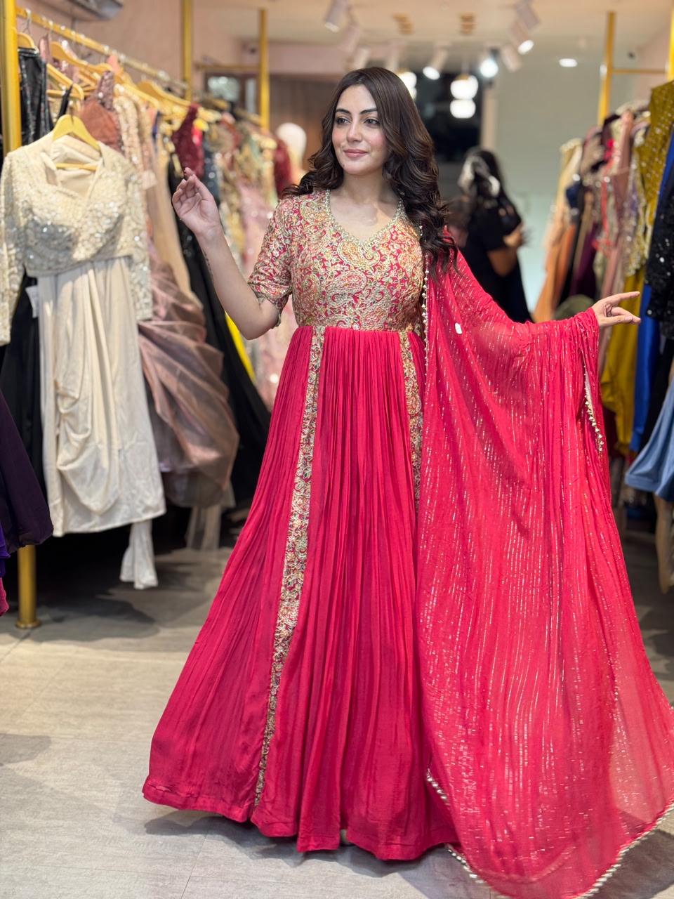 Rani Pink Embroidered Pleated Anarkali Suit Set with Dupatta