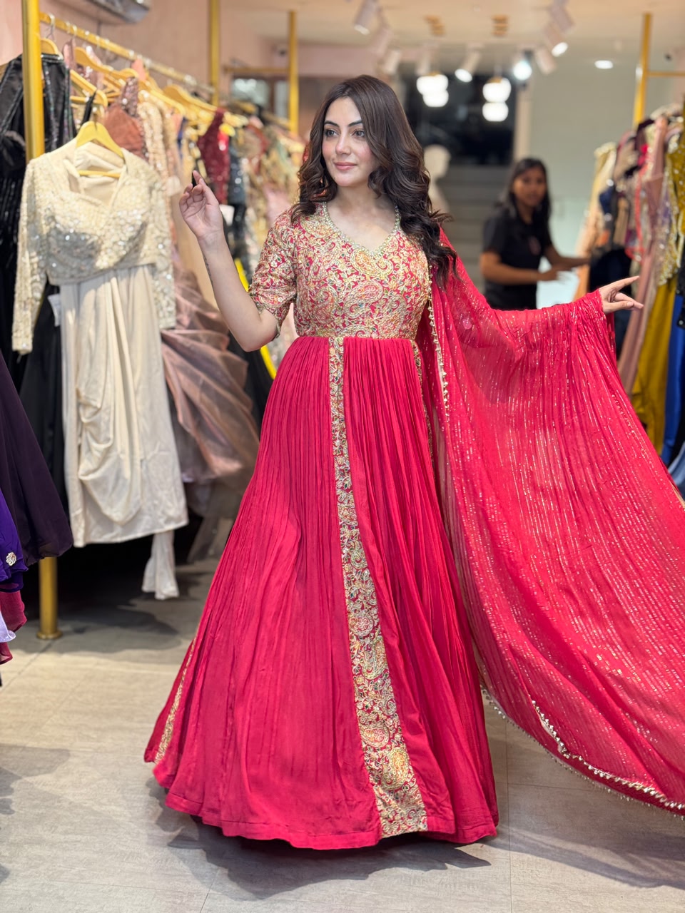 Rani Pink Embroidered Pleated Anarkali Suit Set with Dupatta