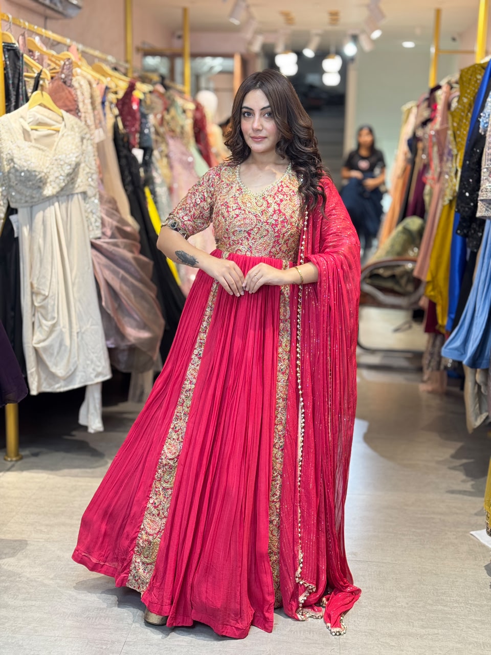 Rani Pink Embroidered Pleated Anarkali Suit Set with Dupatta