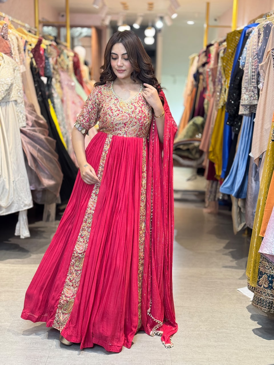 Rani Pink Embroidered Pleated Anarkali Suit Set with Dupatta