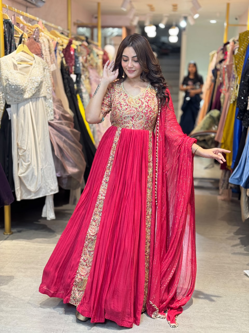 Rani Pink Embroidered Pleated Anarkali Suit Set with Dupatta