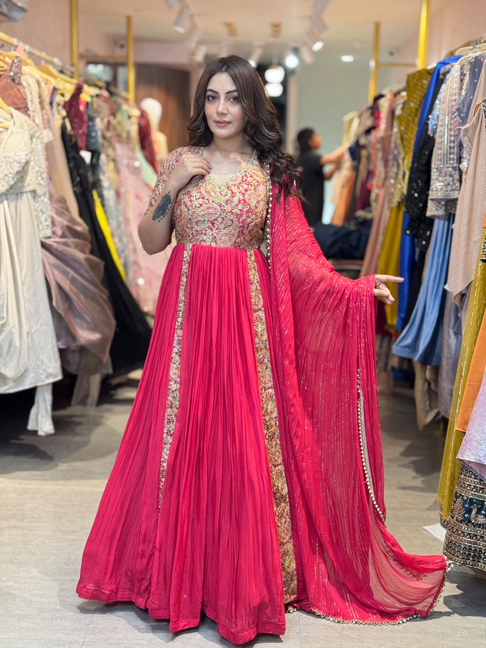Rani Pink Embroidered Pleated Anarkali Suit Set with Dupatta