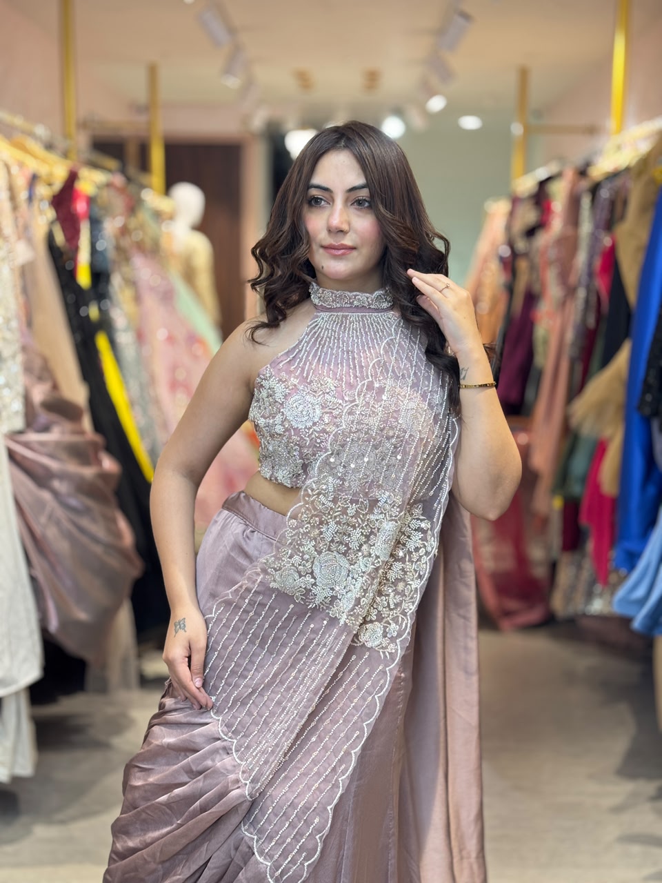 Pre-Draped Saree with Embellished Blouse