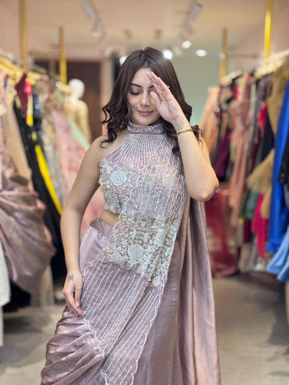 Pre-Draped Saree with Embellished Blouse