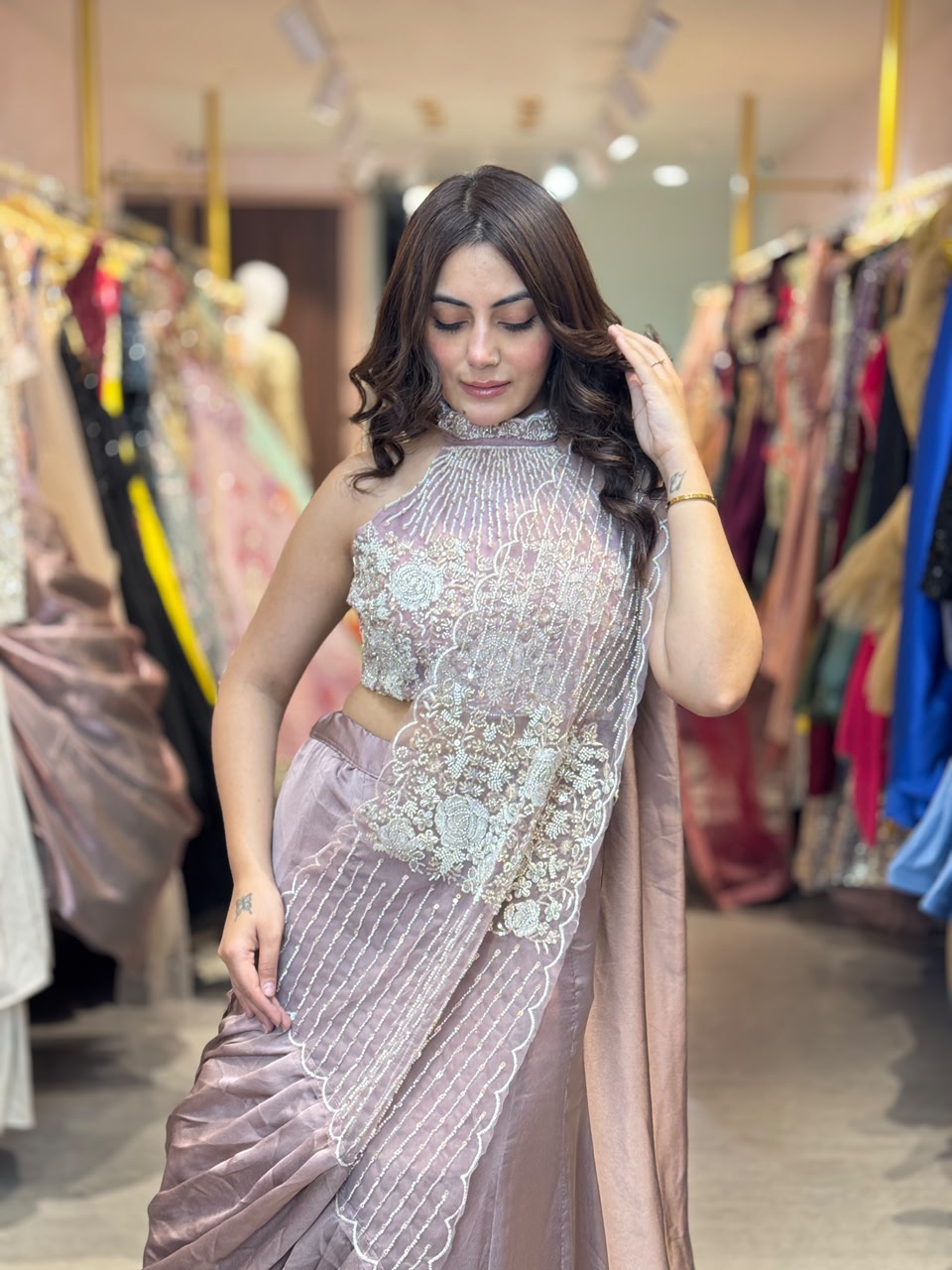 Pre-Draped Saree with Embellished Blouse