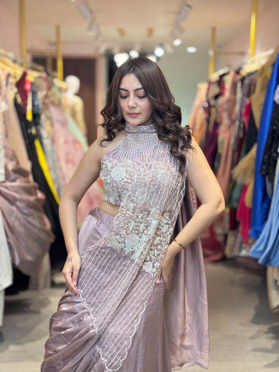 Pre-Draped Saree with Embellished Blouse