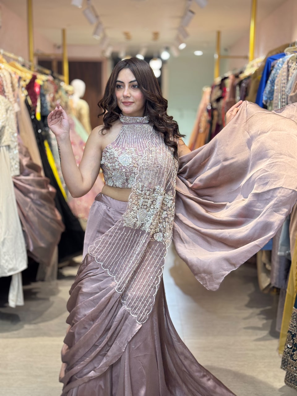 Pre-Draped Saree with Embellished Blouse