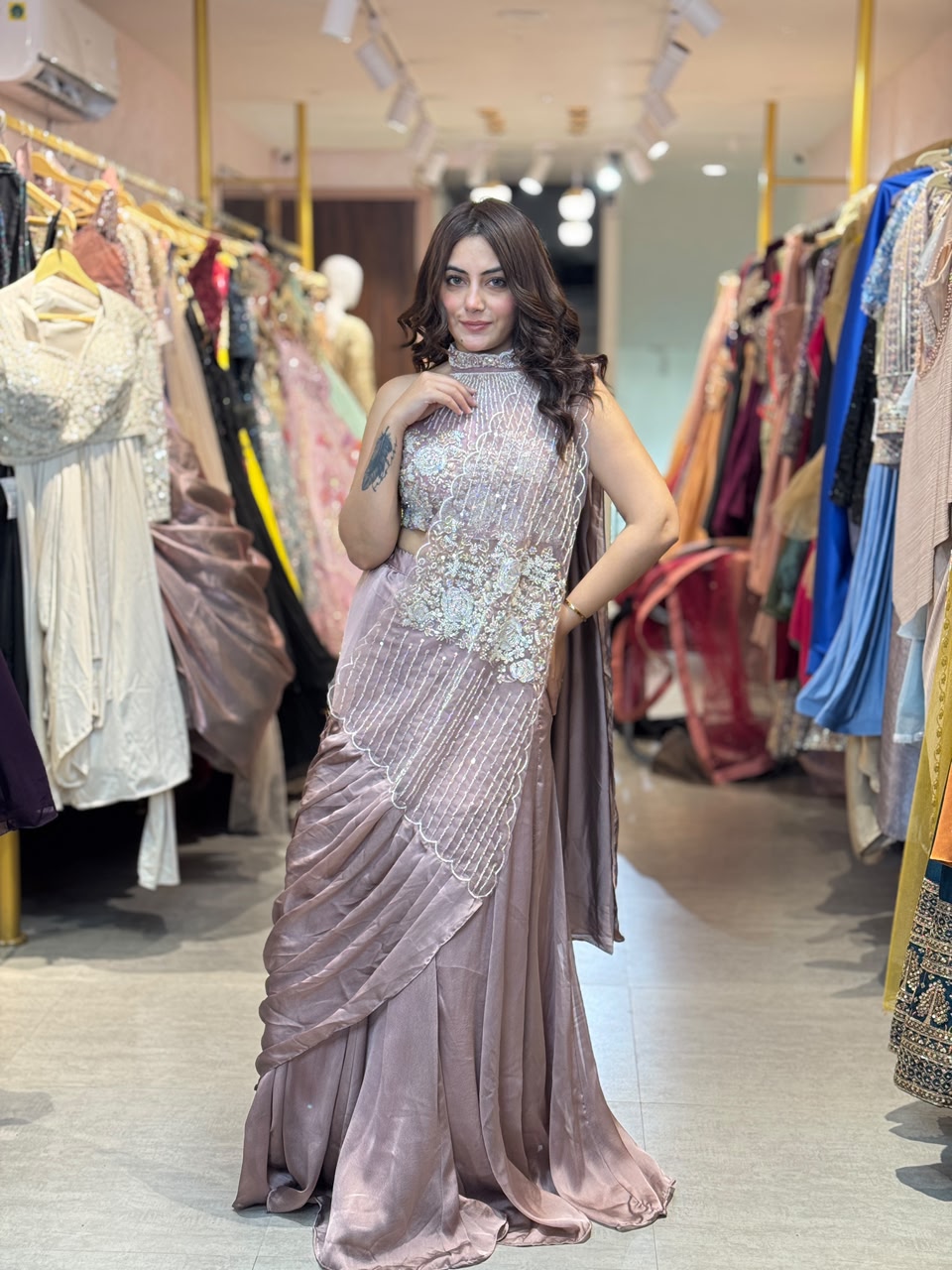 Pre-Draped Saree with Embellished Blouse