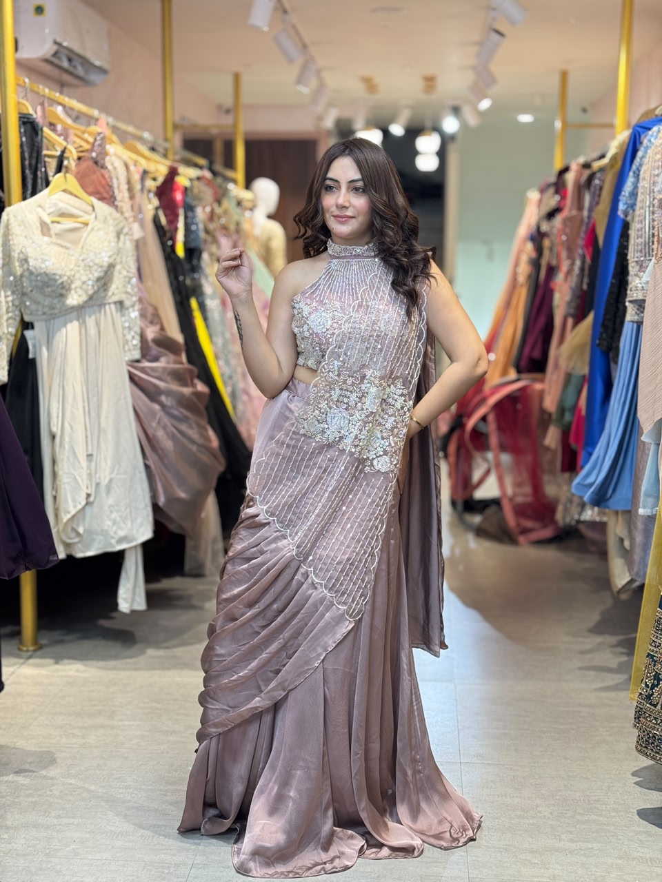Pre-Draped Saree with Embellished Blouse