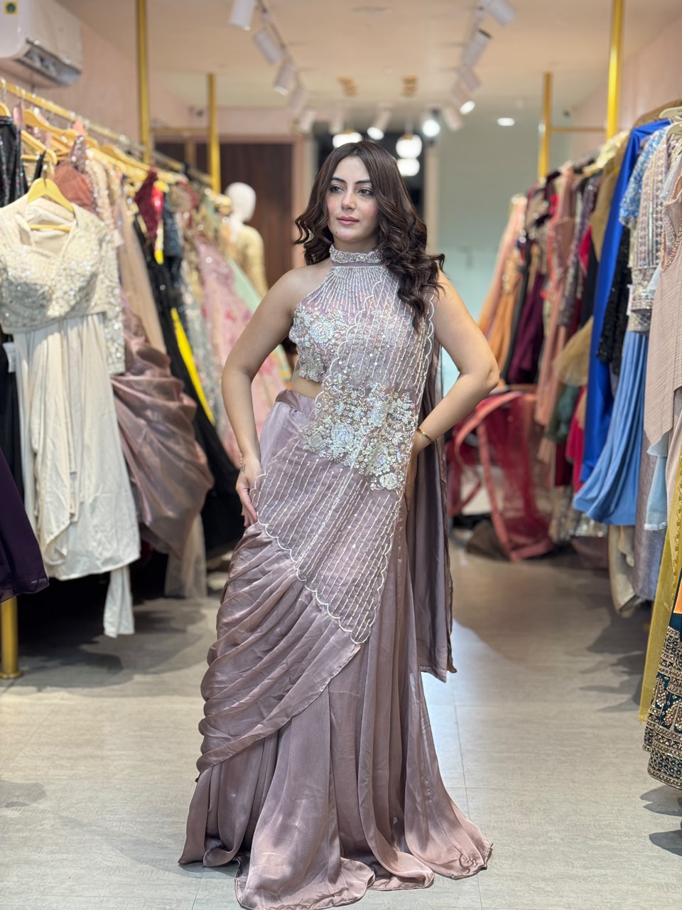 Pre-Draped Saree with Embellished Blouse