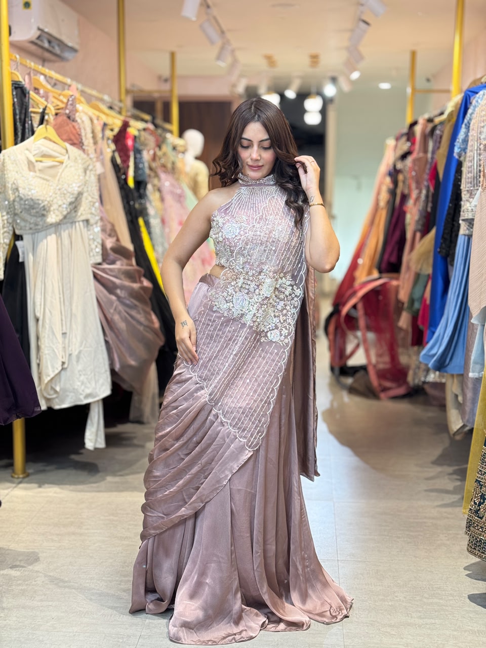 Pre-Draped Saree with Embellished Blouse