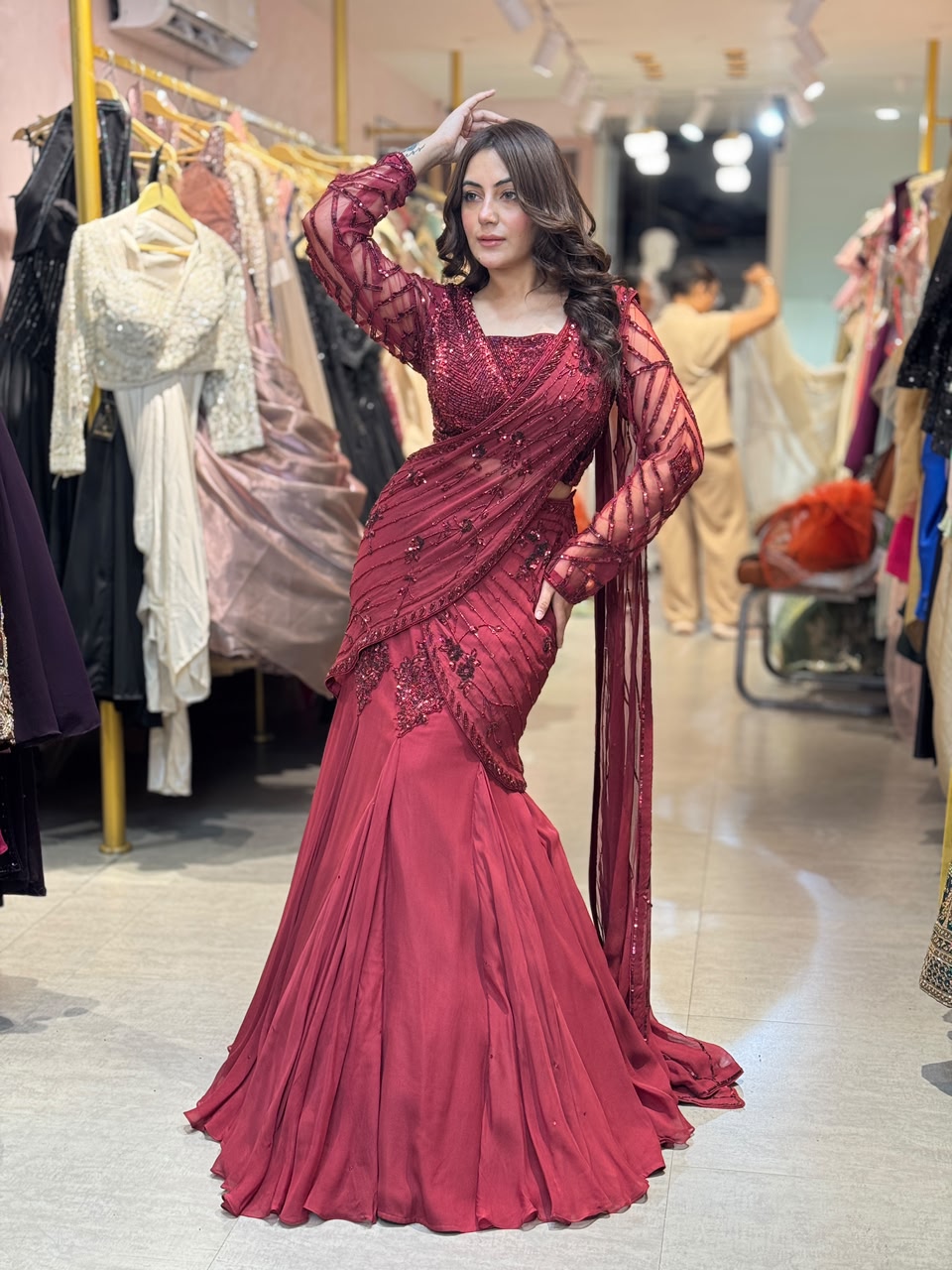 Draped Lehenga Gown with Embellished Blouse & Dupatta
