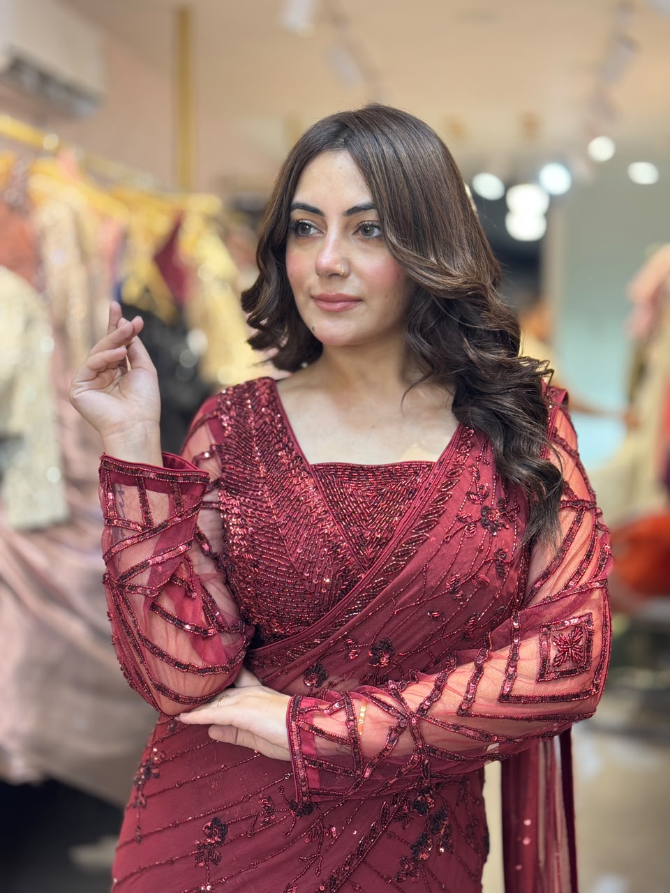 Draped Lehenga Gown with Embellished Blouse & Dupatta