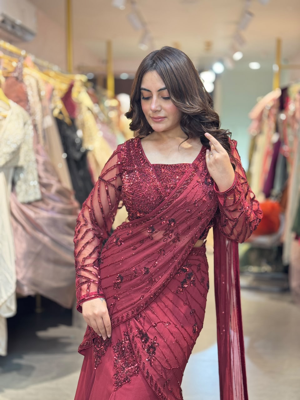 Draped Lehenga Gown with Embellished Blouse & Dupatta