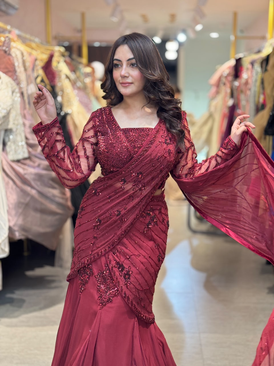 Draped Lehenga Gown with Embellished Blouse & Dupatta