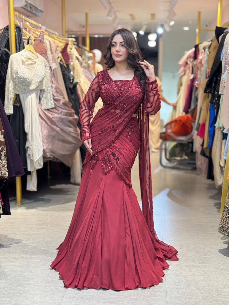 Draped Lehenga Gown with Embellished Blouse & Dupatta