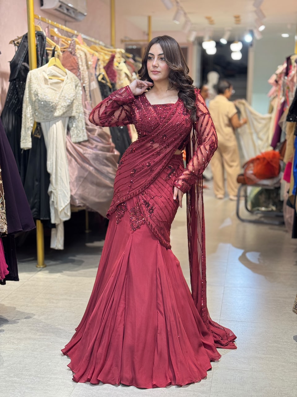 Draped Lehenga Gown with Embellished Blouse & Dupatta