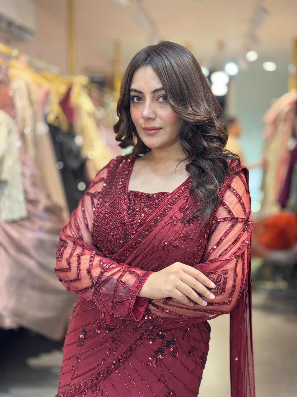 Draped Lehenga Gown with Embellished Blouse & Dupatta
