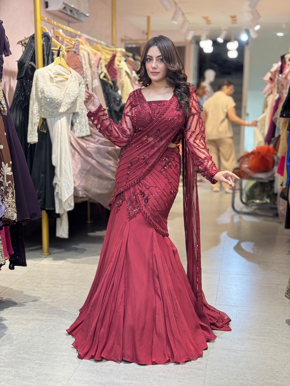 Draped Lehenga Gown with Embellished Blouse & Dupatta