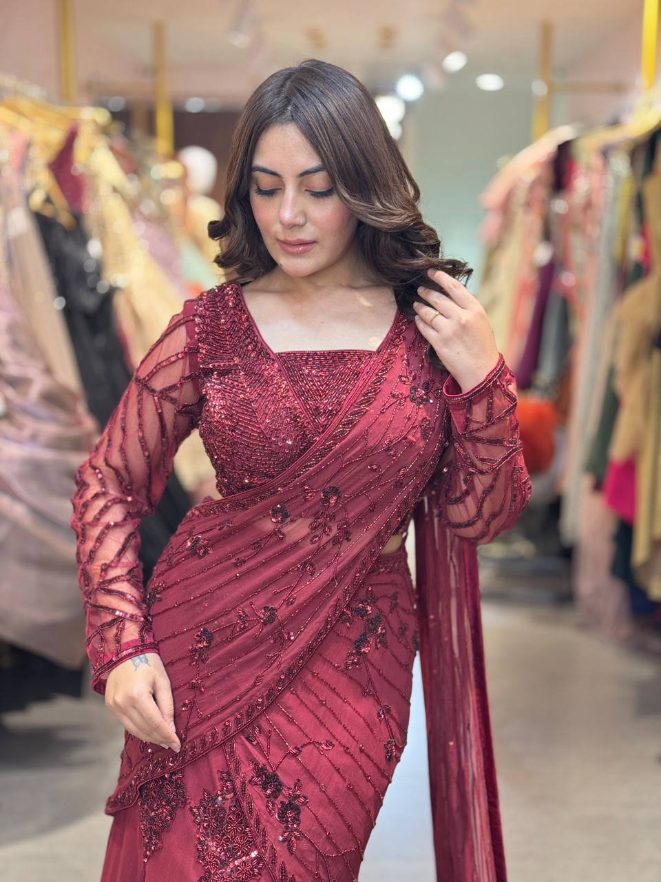 Draped Lehenga Gown with Embellished Blouse & Dupatta