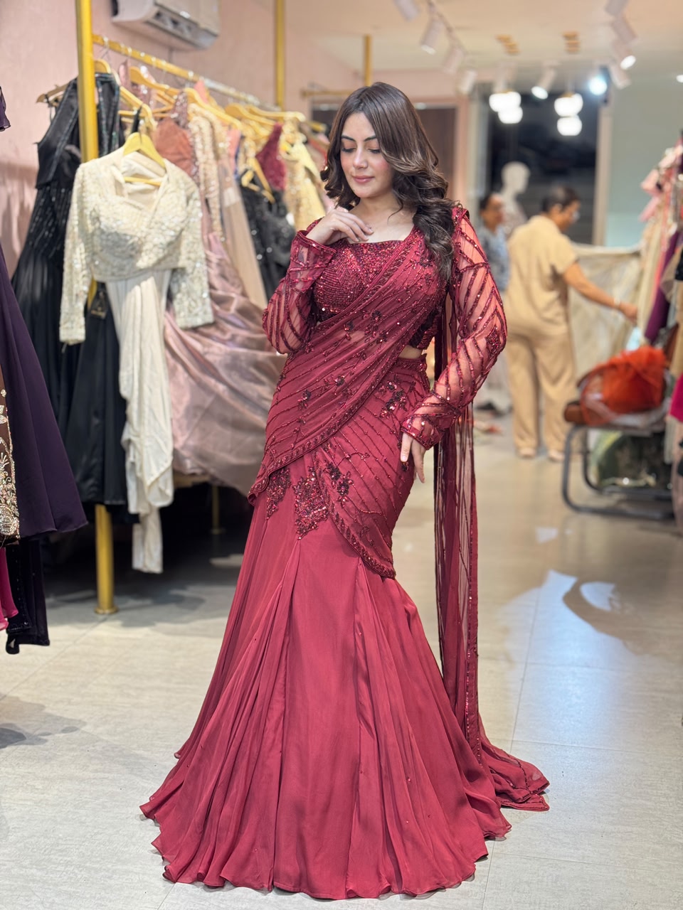 Draped Lehenga Gown with Embellished Blouse & Dupatta