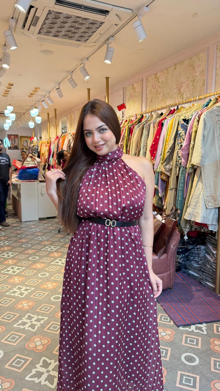Burgundy Polka Dot Pleated Maxi Dress